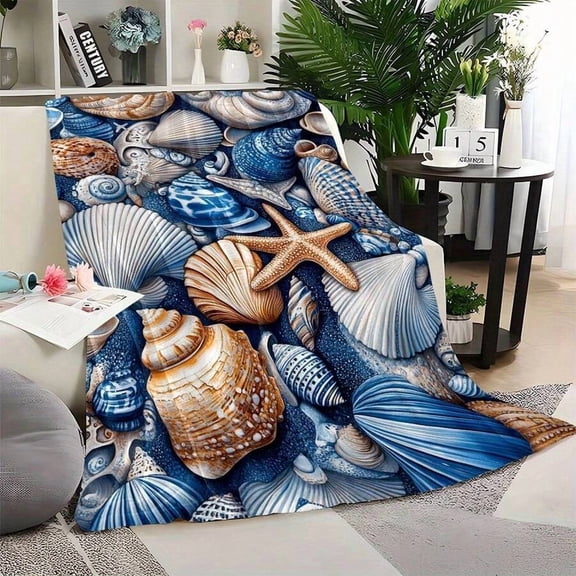 Multicolor Ocean Seashell & Starfish Flannel Throw Blanket – Soft, Warm, Lightweight for Sofa, Bed, Office, Camping