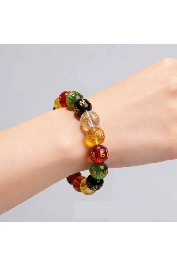 Multicolor Om Mani Padme Hum Beaded Bracelet, Tibetan Buddhist Prayer Mala, Colorful Crystal Bead Stretch Bracelet for Men Women