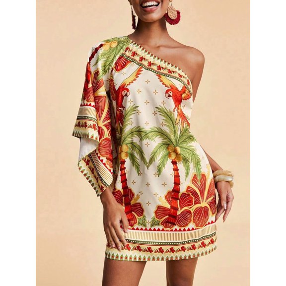 Multicolor One Shoulder Tropical Print Mini Dress, Boho Chic Summer Beach Party Outfit