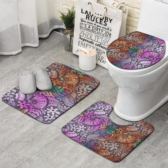 Multicolor Paisley and Floral Pattern Bathroom Rugs Sets 3 Piece,Toilet Cover Set,Absorbent Non Slip Bathroom Mats Sets with U-Shaped Contour Rug Toilet Rug Set