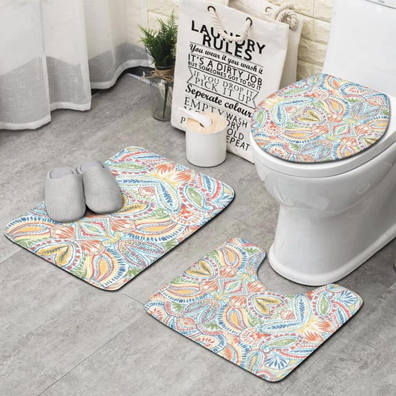 Multicolor Paisley Pattern Bathroom Rugs Sets 3 Piece,Toilet Cover Set,Absorbent Non Slip Bathroom Mats Sets with U-Shaped Contour Rug Toilet Rug Set