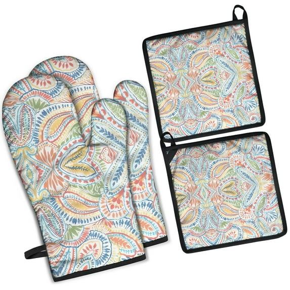 Multicolor Paisley Pattern Kitchen Oven Mitt and Pot Holder Sets 4 Pcs for Baking, Cooking and Grilling, Heat Resistant Up To 392 °F