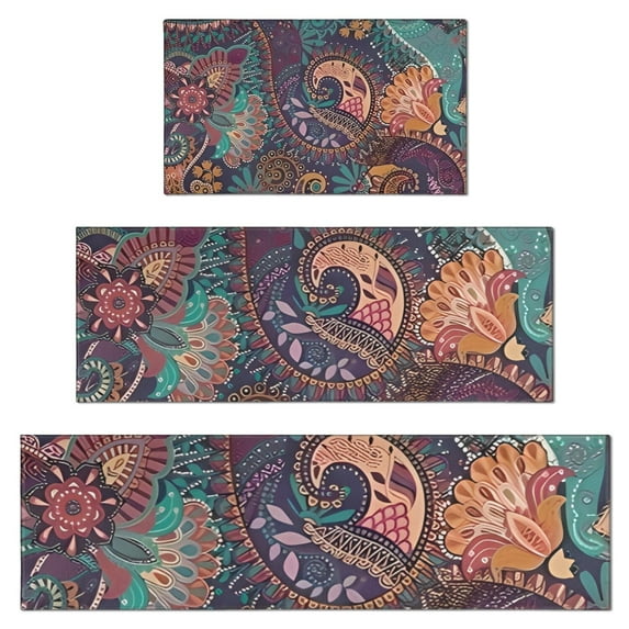 Multicolor Paisley Pattern Kitchen Rugs Sets Of 3,Kitchen Runner Rugs Non Skid Washable,Decorative Kitchen Floor Mats for Kitchen,Sink,Laundry,17"x30"+ 17"x47" + 17"x59"