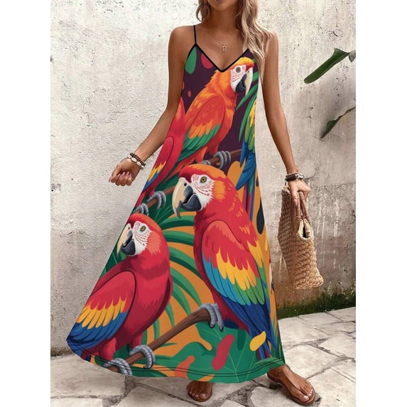 Multicolor Parrot And Tropical Print V-Neck Sleeveless Maxi Dress For Women