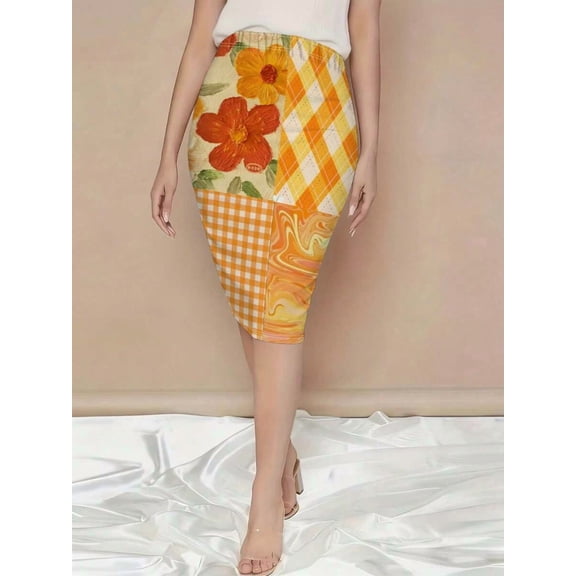 Multicolor Patchwork Pencil Skirt With Floral And Plaid Print