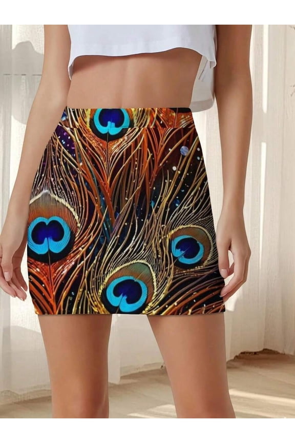 Multicolor Peacock Feather Print Bodycon Mini Skirt Casual Chic