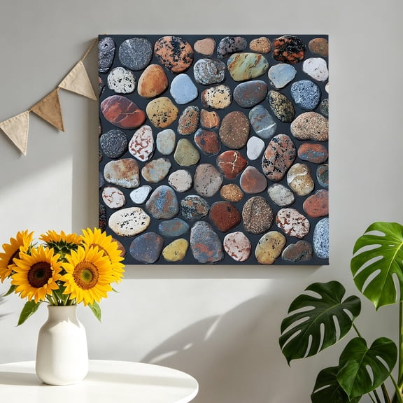 Multicolor Pebbles Canvas Wall Art, Boho Red Brown Blue Stones Framed Canvas Wall Decor Picture Print Artwork Decorations for Living Room Office Ready to Hang 8" x 8"