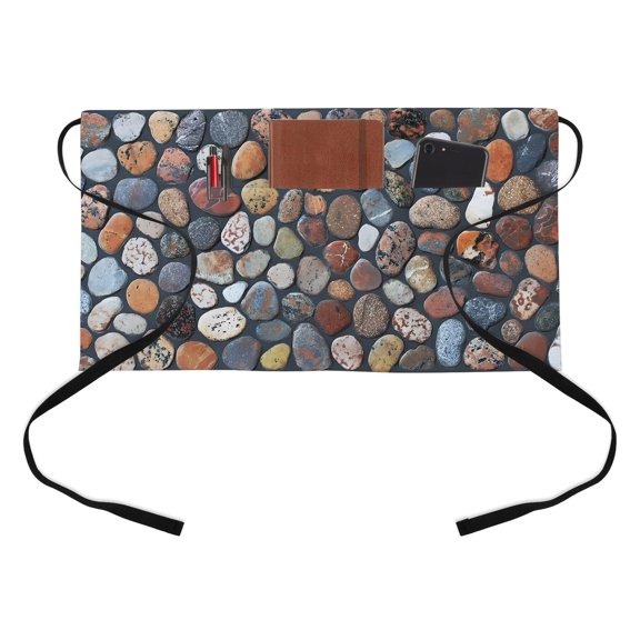 Multicolor Pebbles Kitchen Restaurant Half Waist Apron, Boho Red Brown Blue Stones Server Short Apron with 3 Pockets Waterproof Oil Waist Aprons for Women Waitress Waiter