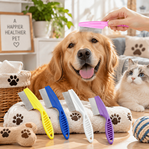 Multicolor Pet Flea Comb, Stainless Steel Grooming Comb, Professional Hair Remover Tool, Safe Round Teeth Design to Remove Fleas, Ticks, Tear Stains, Knots & Dirt for Dogs and Cats