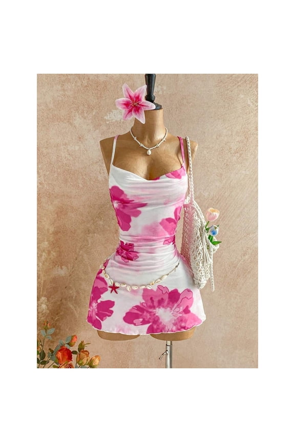 Multicolor Pink Watercolor Floral Draped Cami Mini Dress With Shell Belt And Macrame Bag