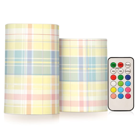Multicolor Plaid Flickering Flameless Candles LED Tealight Battery Operated with Remote Set of 2 Holiday Decor Ornaments