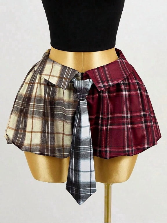 Multicolor Plaid Patchwork A-Line Flared Mini Skirt With Tie Detail