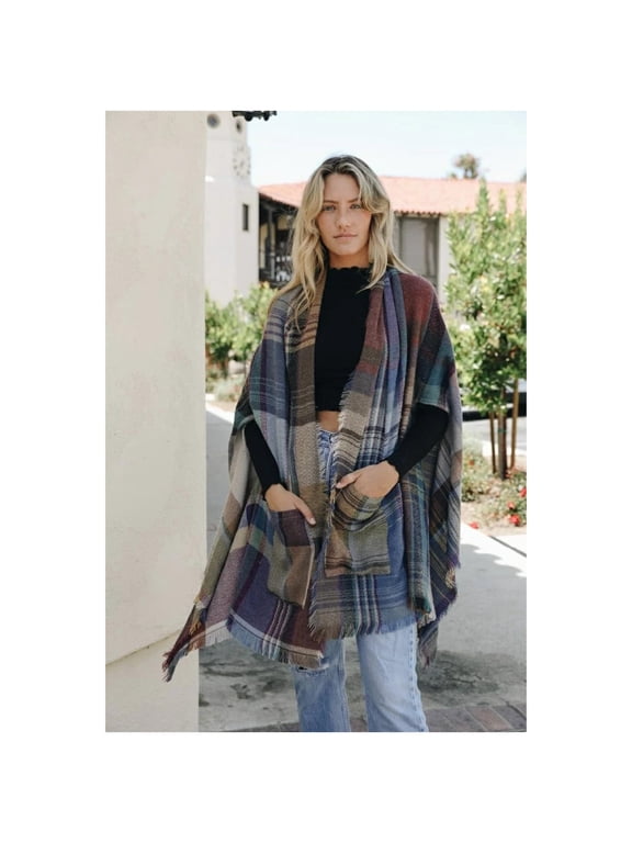 Multicolor Plaid Pocket Ruana Shawl Wrap Frayed Edges Women Elegant Boho 1 Size Layer for Warmth Women's Gift Lightweight Pockets Khaki