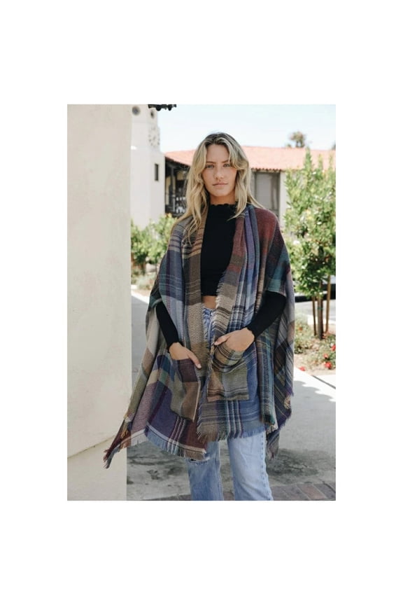 Multicolor Plaid Pocket Ruana Shawl Wrap Frayed Edges Women Elegant Boho 1 Size Layer for Warmth Women's Gift Lightweight Pockets Khaki