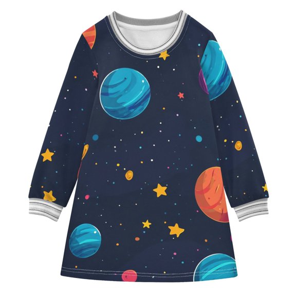 Multicolor Planets Stars Long-sleeved Dress A-line One-Piece Dress for 2-8 Years Casual Party 2T