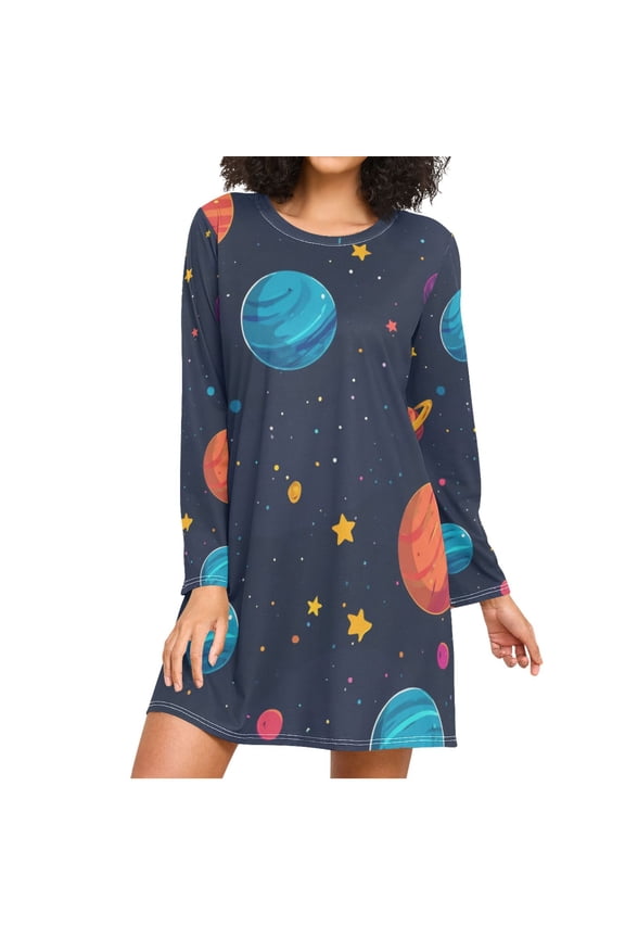 Multicolor Planets Stars Women's Long Sleeves Nightgowns Sleepwear Soft Pajama A-line Sleep Dress L
