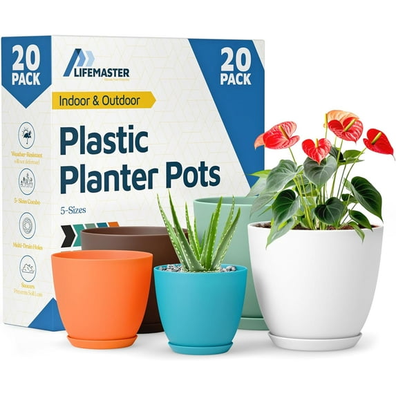 Multicolor Plant Pots with Drainage Holes & Saucers 20 Packs, Indoor & Outdoor Stackable Plastic Planters in Multiple Sizes for Houseplants & Flowers, Durable & Weatherproof Materials, Matte Finish