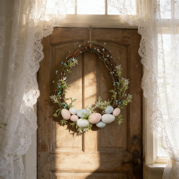 Multicolor Plastic Easter Wreath with Eggs Simulation Egg Wreath with Spring Flowers Easter Wreath for Door Hanging Home Decor