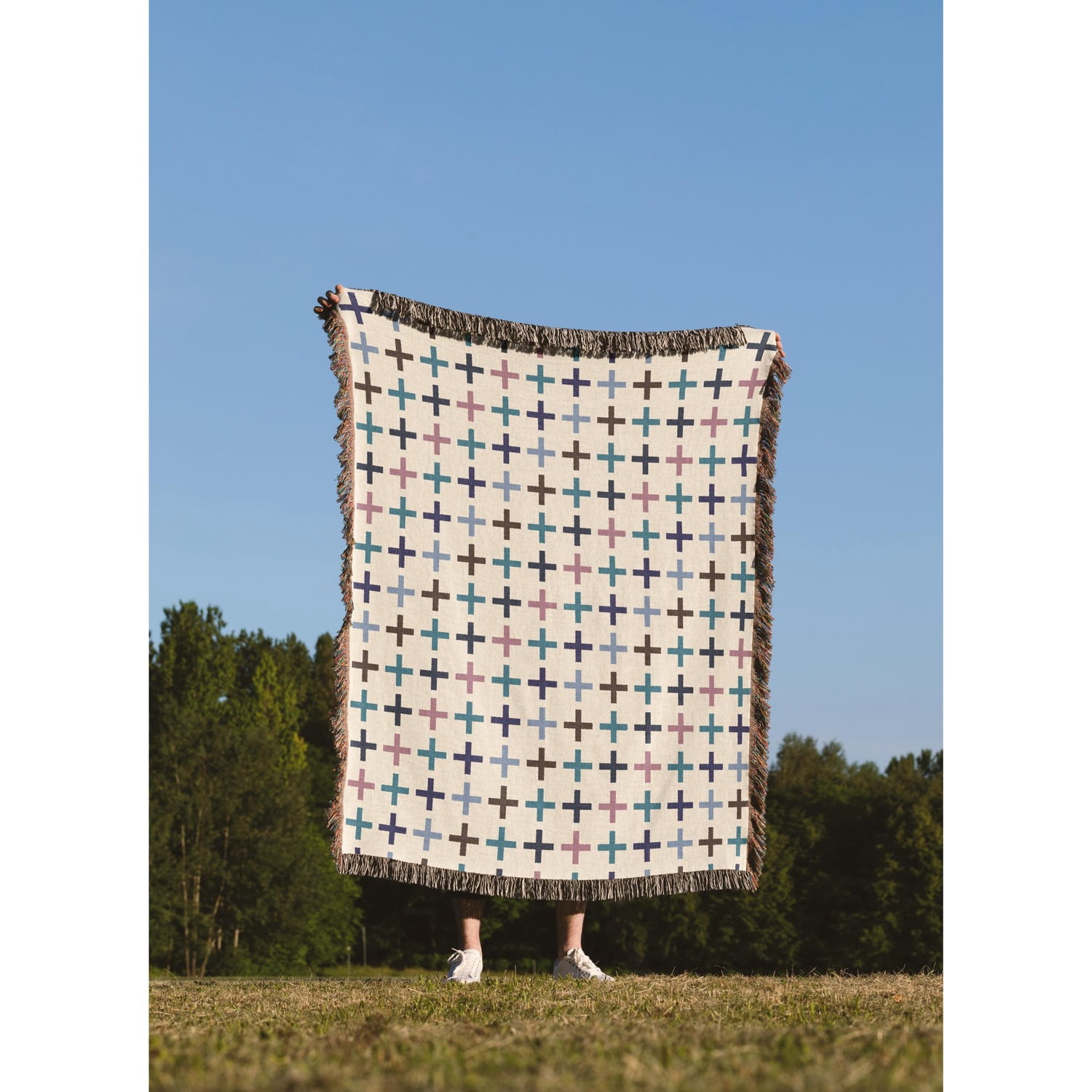 Multicolor Plus Sign Grid Woven Throw Blanket, 100% Cotton, Geometric ...
