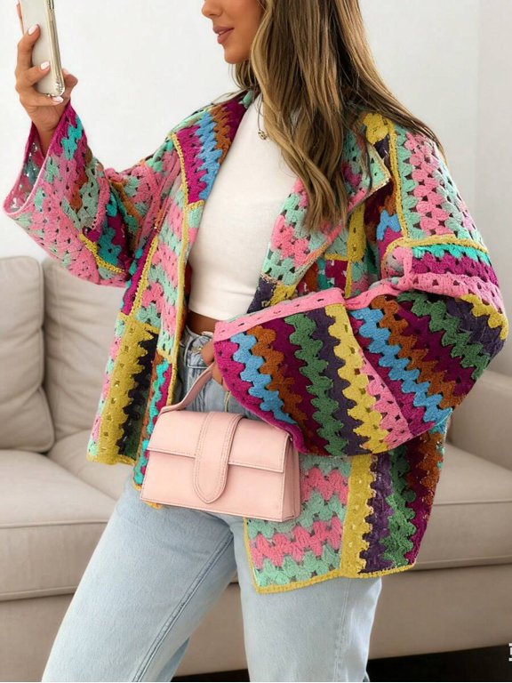 Multicolor Plus Size Crochet Patchwork Cardigan, Casual Color Block Knit
