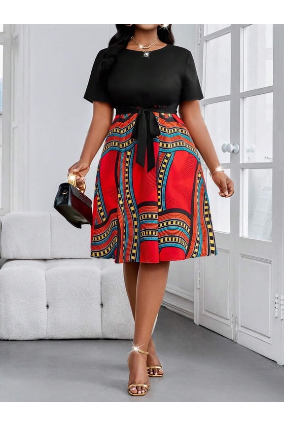 Multicolor Plus Size Round Neck Short Sleeve Belted Midi Dress With African Print Skirt