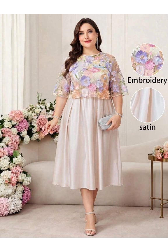 Multicolor Plus Size Womens Embroidered Floral Mesh Overlay Round Neck A-Line Satin Evening Dress