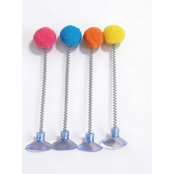 Multicolor Plush Ball Cat Teaser Sticks With Spring & Suction Cup Base - 4 Pack