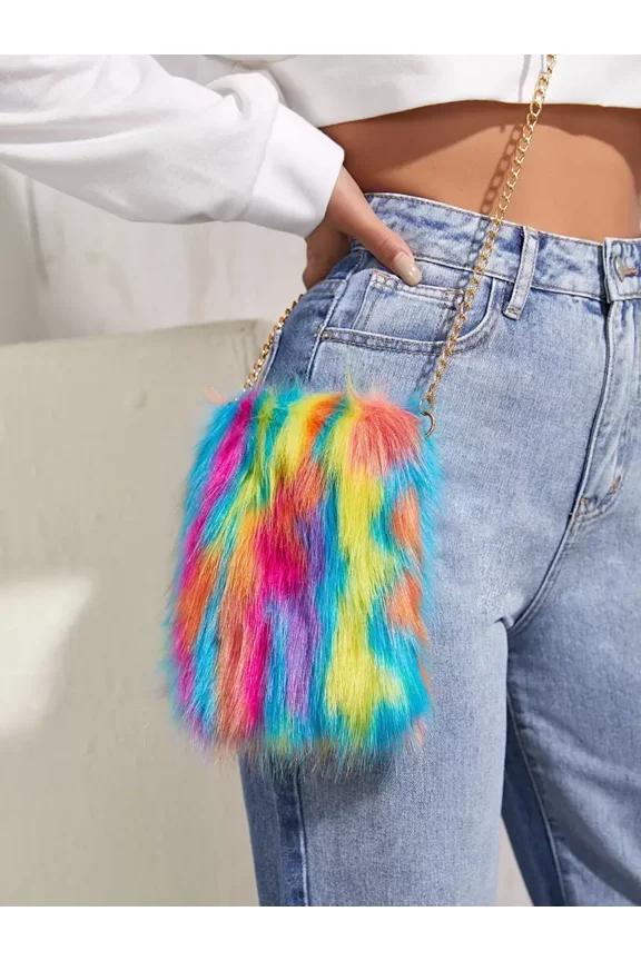 Multicolor Plush Faux Fur Crossbody Bag With Gold Chain Strap