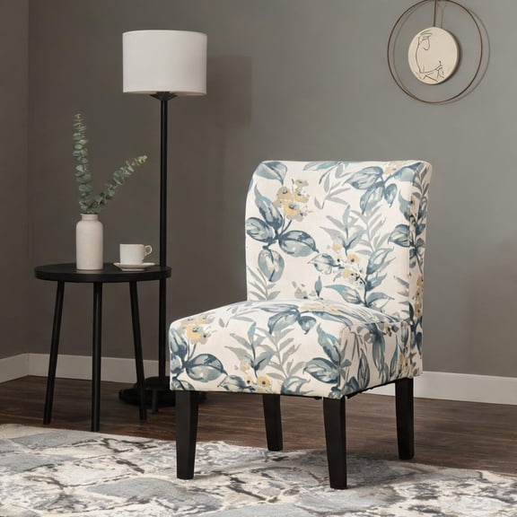 Multicolor Polyester Blend Armless Accent Chair, Curved Back, Blue Leaves Pattern, Adult, Living Room