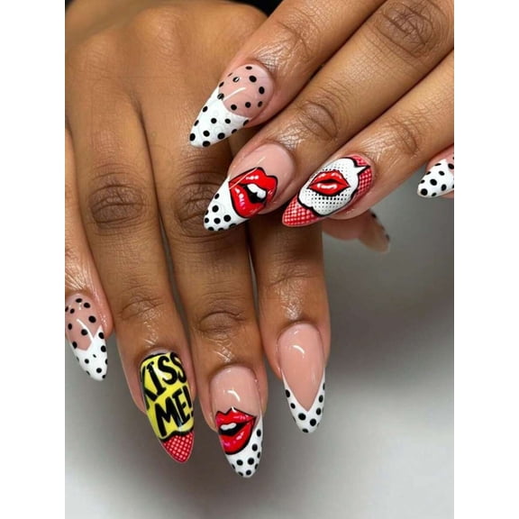 Multicolor Press-On Nails With Polka Dots, Red Lips & Kiss Me Design