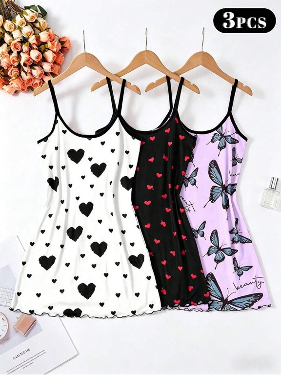 Multicolor Print Sleeveless Cami Sleep Dress 3PCS For Women, Soft Loose Fit Nightwear With Heart & Butterfly Patterns