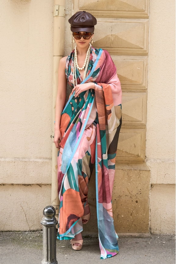 Multicolor Printed Satin Georgette Saree