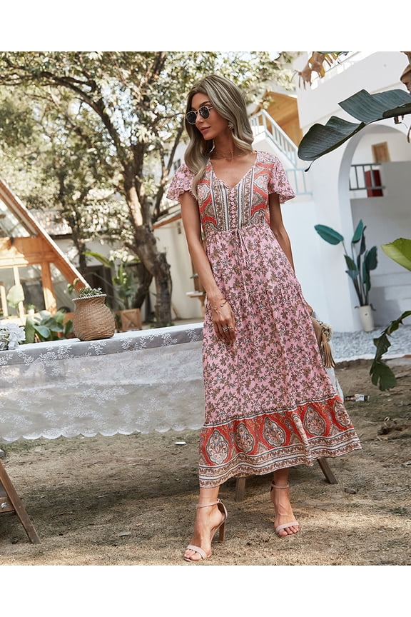 Multicolor Printed V Neck Half Button Bohemian Dress for Women