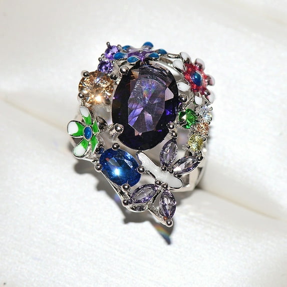 Multicolor Purple Flower Waterdrop Crystal Zircon Rings for Women Female Wedding Engagement Bridal Banquet Jewelry
