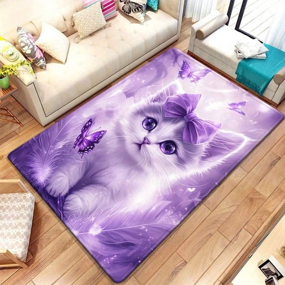 Multicolor Purple Kitten & Butterflies HD Printed Area Rug - Non-Slip, Absorbent, Machine Washable For Living Room, Bedroom, Bathroom
