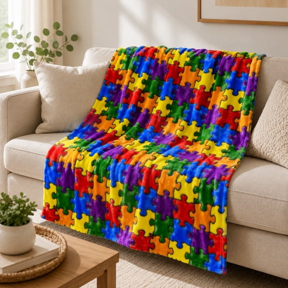 Multicolor Puzzle Piece Fleece Blanket, 280 GSM Polyester Throw