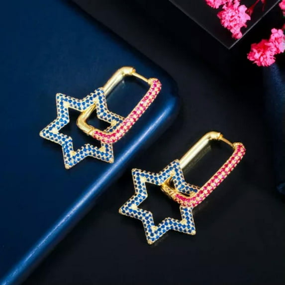 Multicolor Rainbow CZ Dangle Drop Rectangle Boho Hoop Earrings for Brides Women