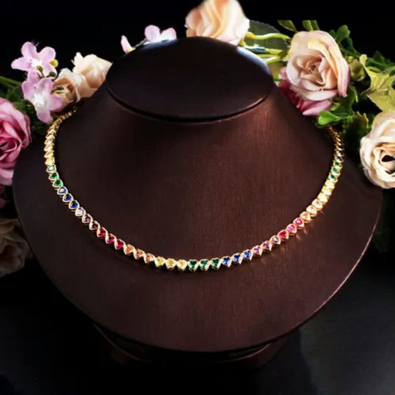 Multicolor Rainbow CZ Heart Round Choker Necklace 18k Yellow Gold Plated Jewelry