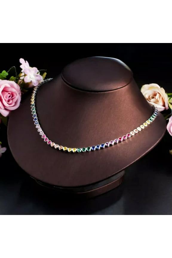 Multicolor Rainbow CZ Heart Round Choker Necklace 18k Yellow Gold Plated Jewelry