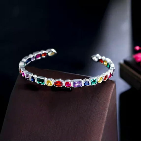 Multicolor Rainbow CZ Yellow Gold Plated Big Round Open Cuff Bangle Boho Jewelry