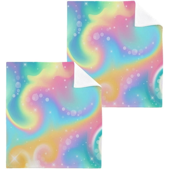 Multicolor Rainbow Galaxy Washcloth 12x12in Set, 2 Pack Absorbent Cotton Towel Square Kitchen Dishes Towels, Soft Cleaning Face Hand Towel Fast Drying