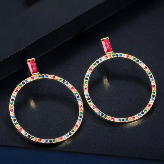 Multicolor Rainbow Gold CZ Big Round Circle Loop Stud Earrings Fashion Jewelry