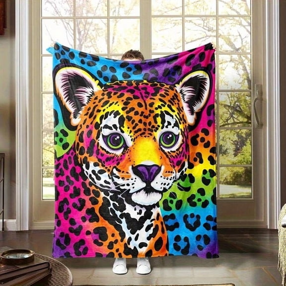 Multicolor Rainbow Leopard Print Soft Flannel Throw Blanket