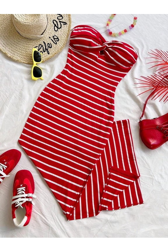 Multicolor Red And White Striped Twist Front Bandeau Dress With Textured Fabric And Side Slit