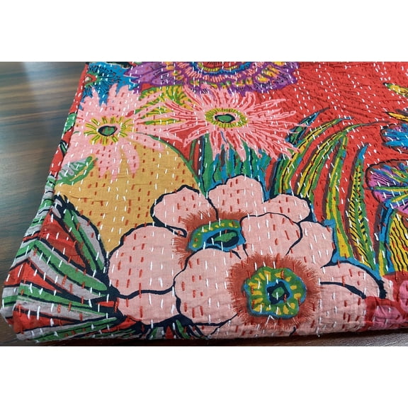 Multicolor Red Floral Indian Kantha Quilt, Handmade Pure Cotton Bedspread, Hand Stitched Reversible Throw, Boho Home Decor