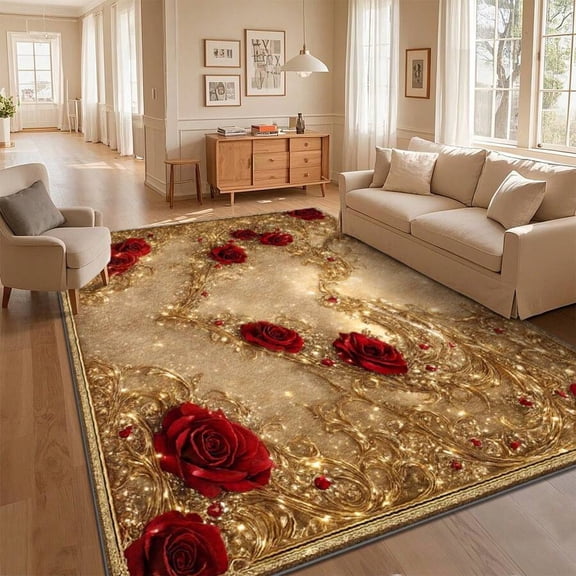 Multicolor Red Rose & Gold Swirl Pattern Area Rug, Luxe Decorative Living Room Carpet, Soft Comfortable Floor Cover