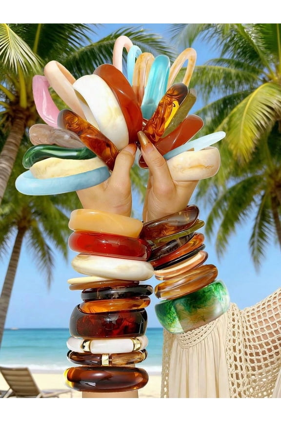 Multicolor Resin Acrylic Stacked Bangle Set, 7-10 Pieces, Beach Vacation