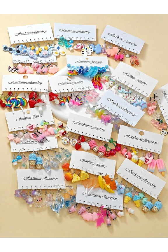 Multicolor Resin Food-Themed Dangle Earring Set 60+ Pieces