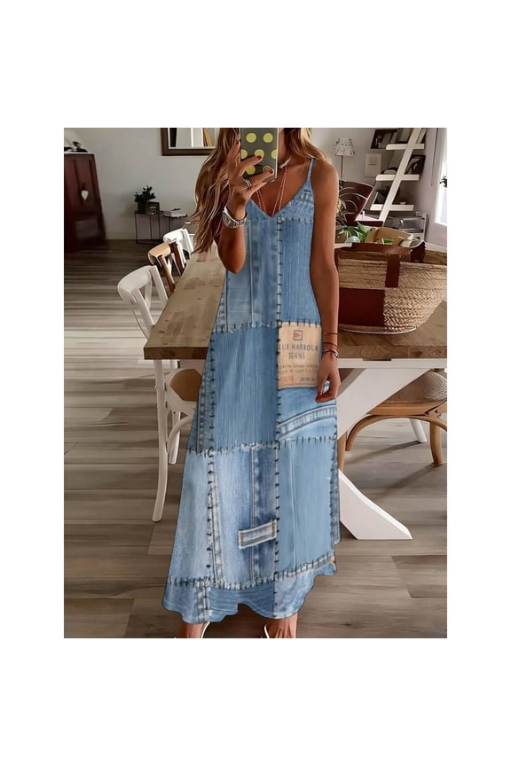 Multicolor Retro Denim Patchwork V-Neck Spaghetti Strap Maxi Dress For Summer Casual Outings