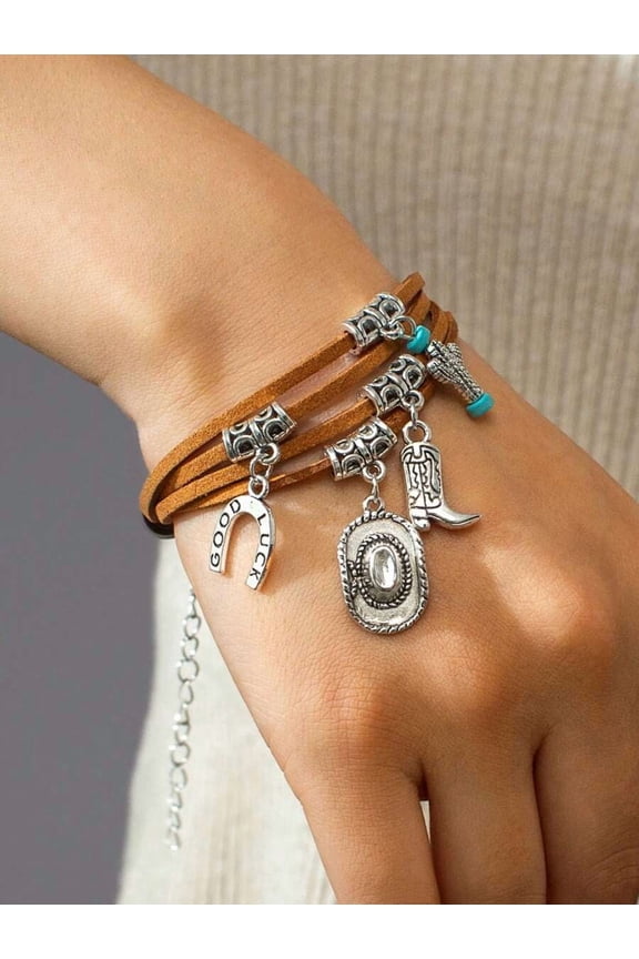 Multicolor Retro Western Wrap Bracelet With Cowgirl Boot, Hat & Horseshoe Charms On Suede Straps